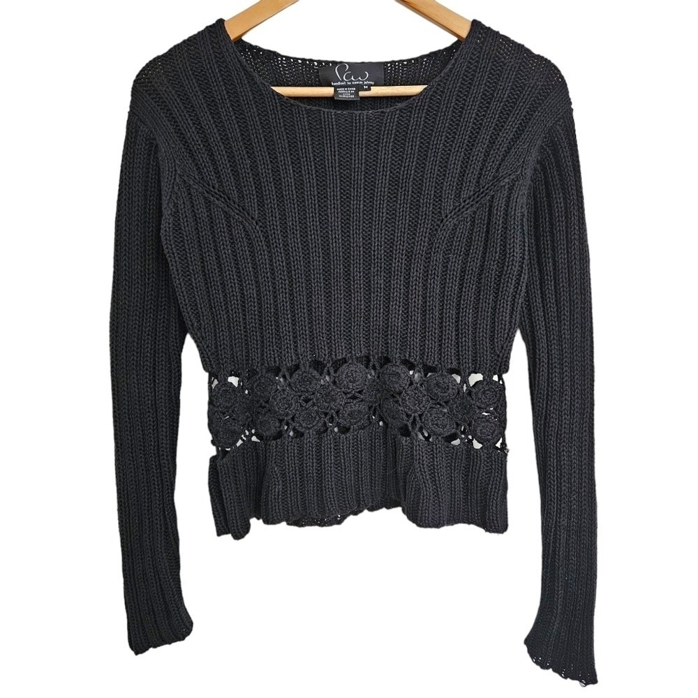 Retro Paw Cousin Johnny Black Floral Open Knit Ribbed Cotton Ramie Sweater‎